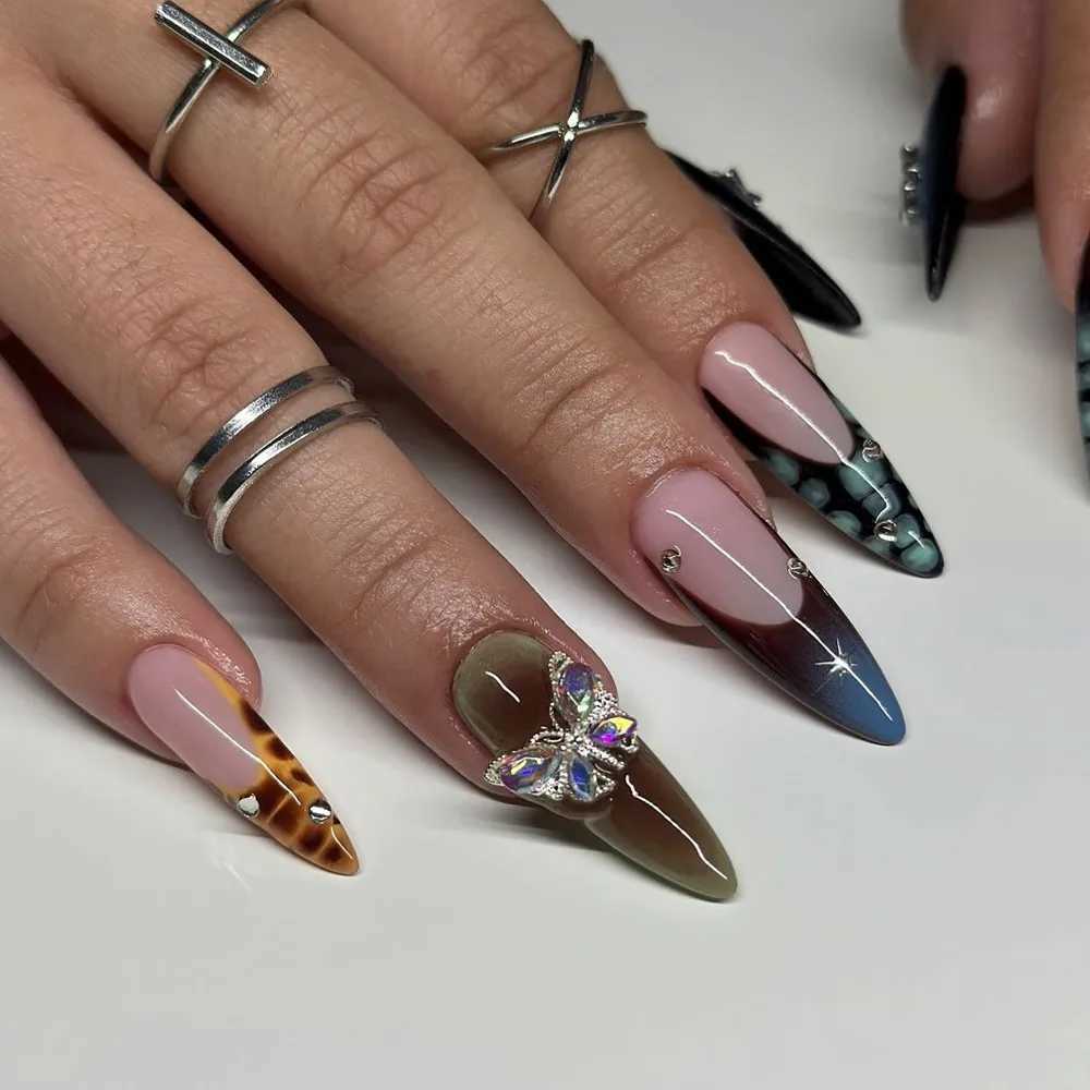 3D Flower Bow Love Nail Tips Full Cover False Nail with Jelly Stickers Leopard Print Press On Nails For Women Girl Fake NailXJ250110