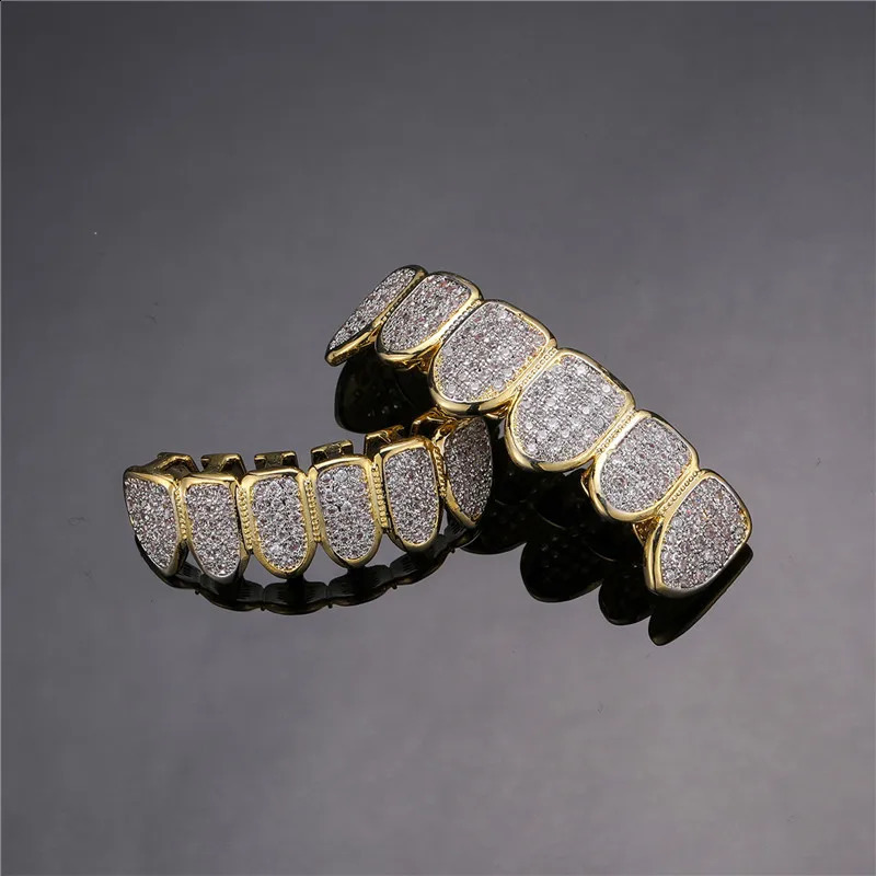 Hip Hop Full Iced Out Teeth Caps Bling Cubic Zircon Micro Pave Top Bottom Charm Grills Set For Men Women Jewelry 250107