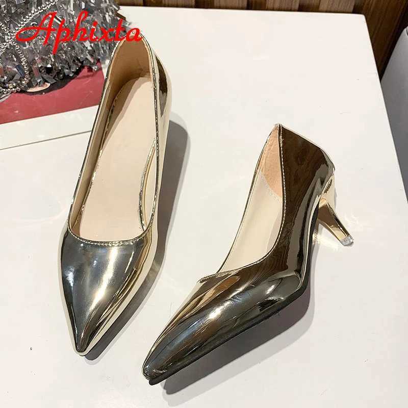 New Arrival Aphixta 5.5cm High Heels Womens Pump Shoes Fashion Pointed Toe Bling Golden Leather Sexy Party Official Shoes Womens Large Size 49 50 T250