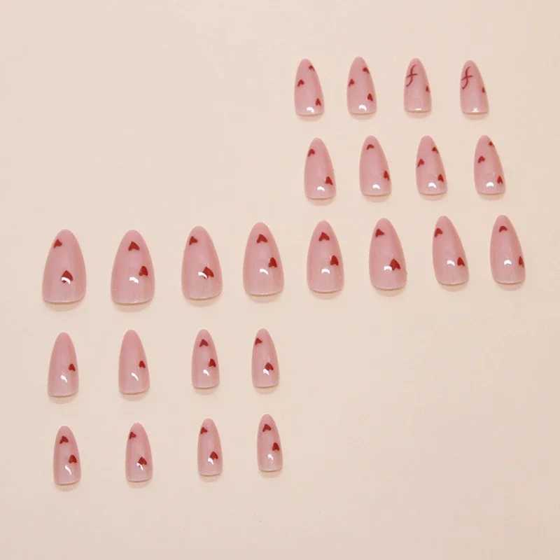 24Pcs Valentine Nude Pink Press-On Nails with Heart Patterns Glossy Almond Shape Sweety False Nails for Women Girls Daily NailsXJ250110