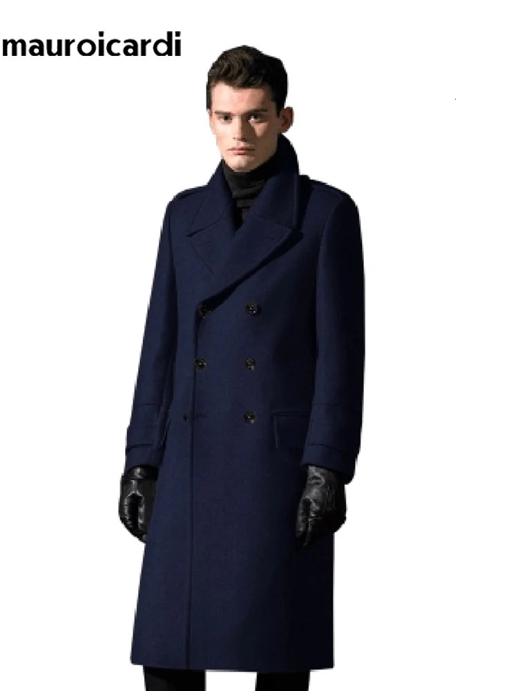 Mauroicardi Autumn Winter Long Warm Smart Casual Navy Blue Black Woolen Coat Men Double Breasted Wool Blends Overcoat 250106