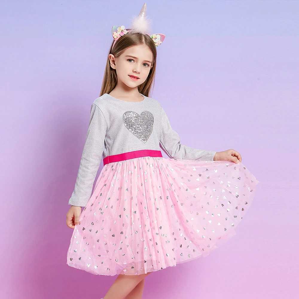 VIKITA childrens heart-shaped design sequin dress childrens long sleeved autumn princess mesh chiffon elegant dress 3-12 years W250111