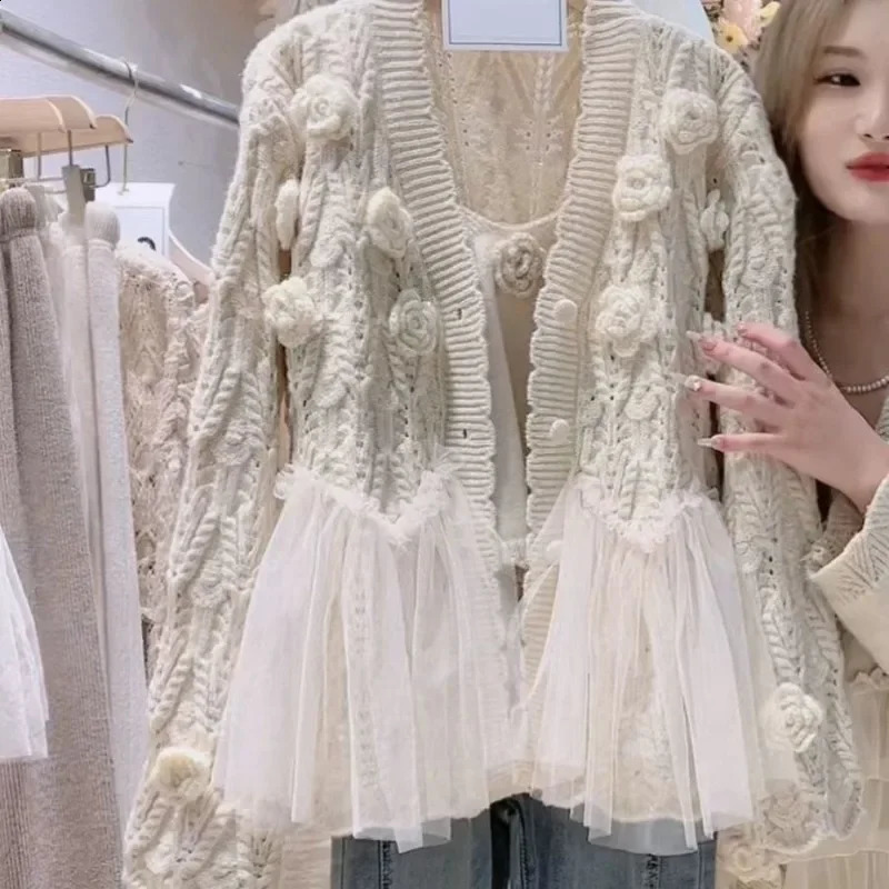 3D Flowers Crocheted Mesh Ruffles Stitching Sweater Coat Gauze Ruched Spliced Hooked Knitted Cardigan KnitwearCamis 2pcs Women 250106