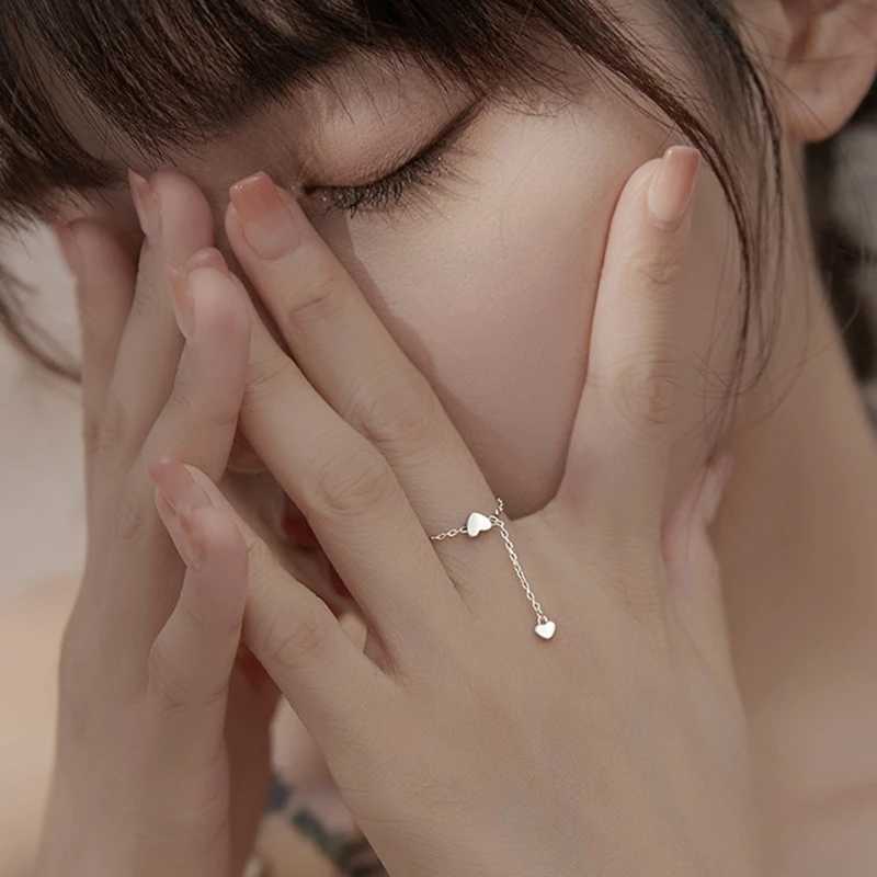 Simple heart-shaped tassel adjustable ring silver chain pendant ring romantic ring female finger jewelry W250111