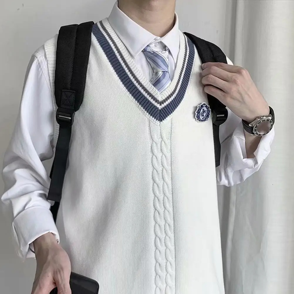 College Style Sleeveless V Neck Sweater Vest Autumn Winter Patchwork Color Twist Men Knitted Daily Clothing 250107
