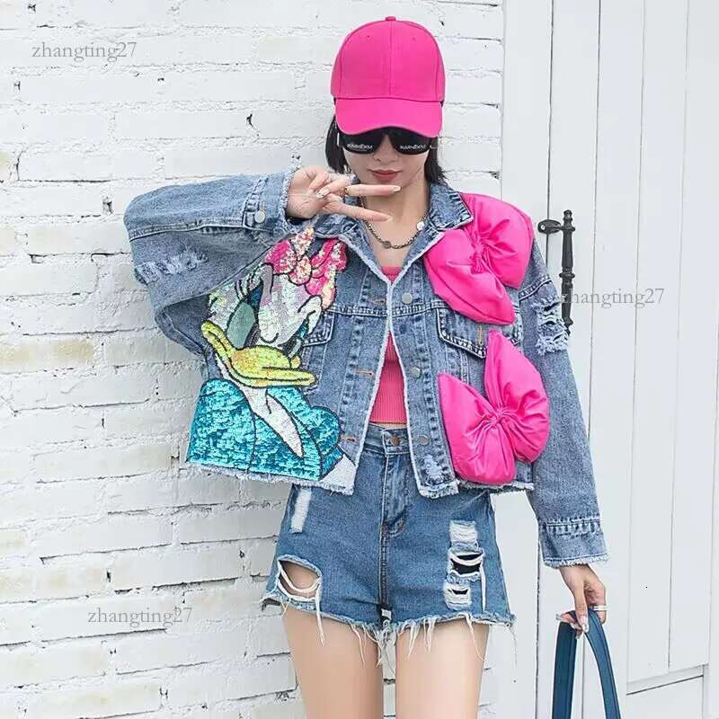 2024 New Women Coat Cartoon Sticker Embroidered Sequin Short Denim Jacket Loose Bowknot Top