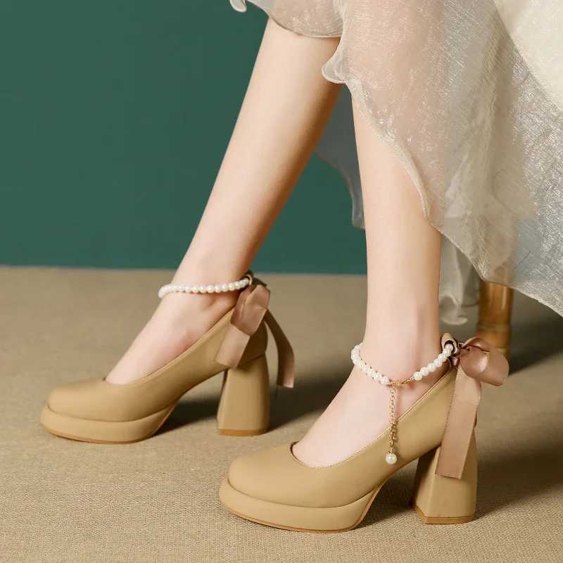 New Arrival Mary Jane/Lolita Platform Shoes Womens High Heels Pearl Bow Ankle Strap Shallow Comfortable Thick High Heels Pump Chaussure T250110