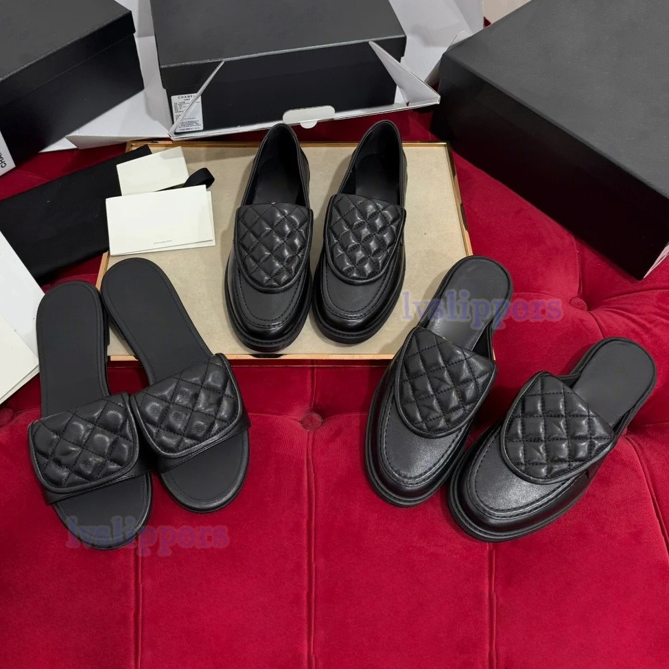 Designer loafers shoe beach slippers luxury leather dress shoes Women summer half top thick sole quilled mule women single foot metal buckle single shoe