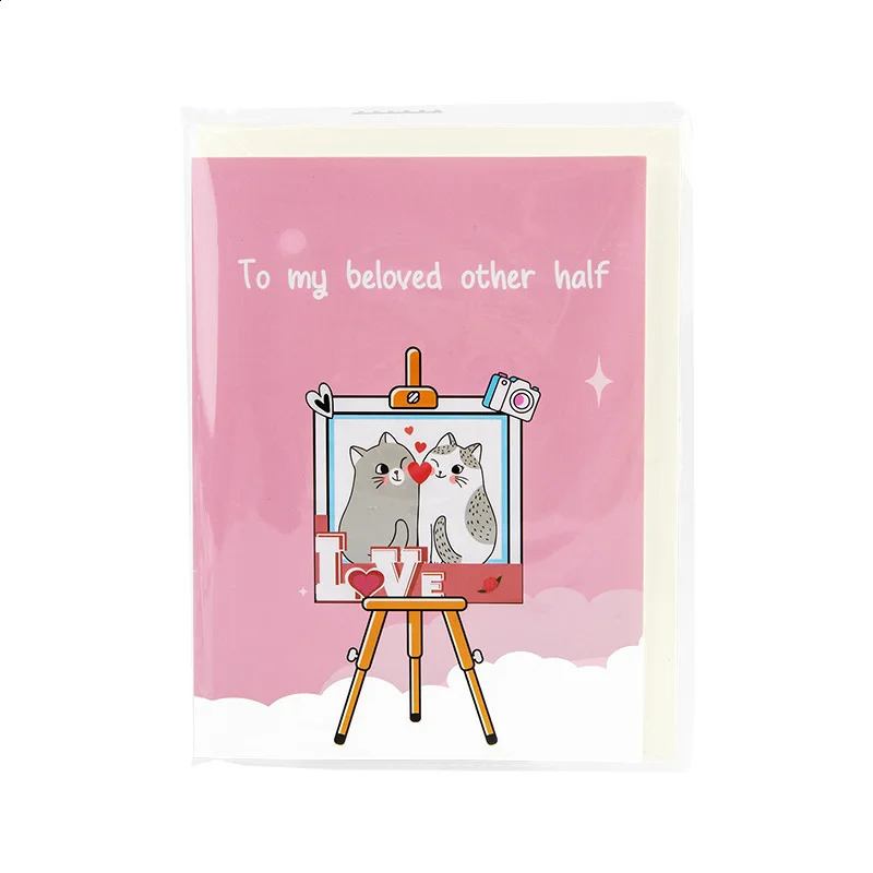 Pop up style creative 3D Valentines Day greeting card handmade paper carving holiday blessings gift love cat Includes envelope 250110
