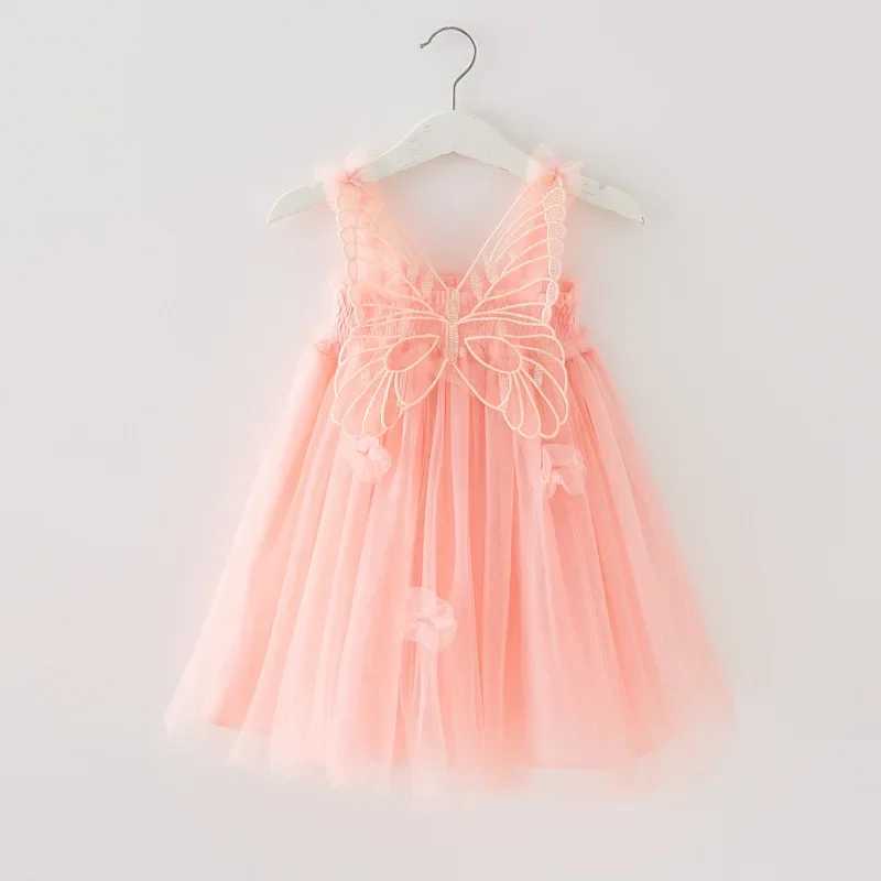 2025 New Summer Childrens Clothing Girl Princess Birthday Dress Bow Wing Fairy Strap Butterfly Mesh Dress W250111