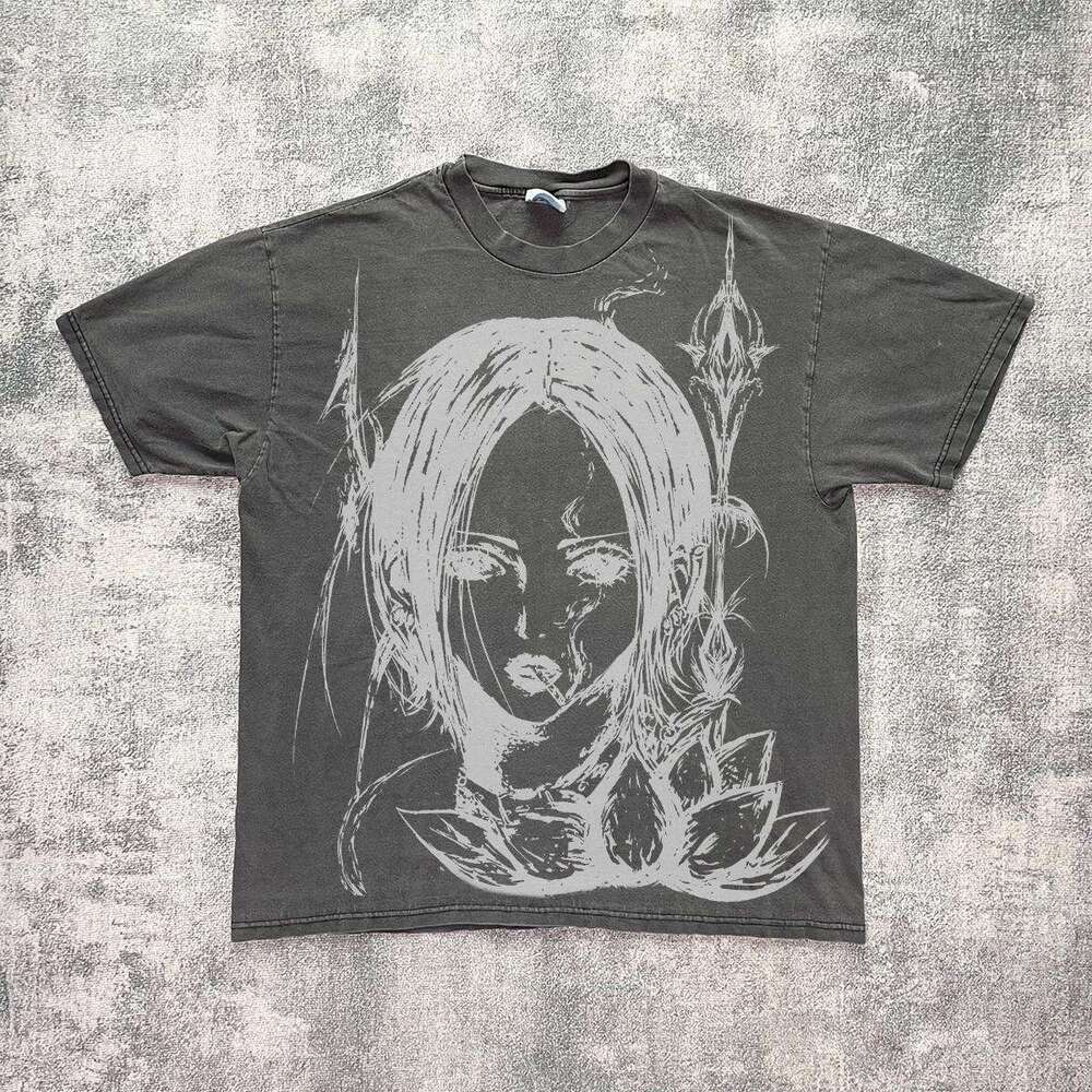 Inspiration American washed vintage dark Sylvanas print short sleeved T-shirt versatile half sleeve