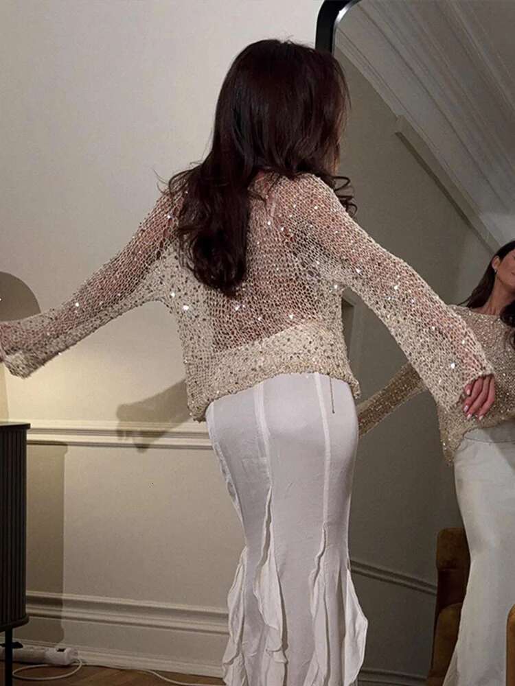 Elegant Sequin Women Pullover Fashion Glitter Hollow Out Full Sleeve Female Tops Chic Loose Casual Lady High Street Outerwear