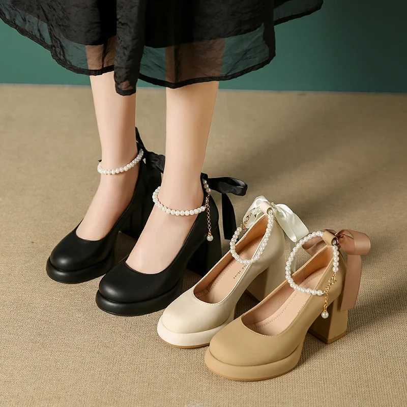 New Arrival Mary Jane/Lolita Platform Shoes Womens High Heels Pearl Bow Ankle Strap Shallow Comfortable Thick High Heels Pump Chaussure T250110