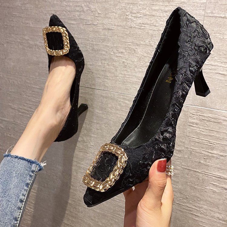 Women Dress Shoes Fashion High Heel New Trendy Pointed Toe Versatile Square Design Triple Black Apricot Blue Free shipping