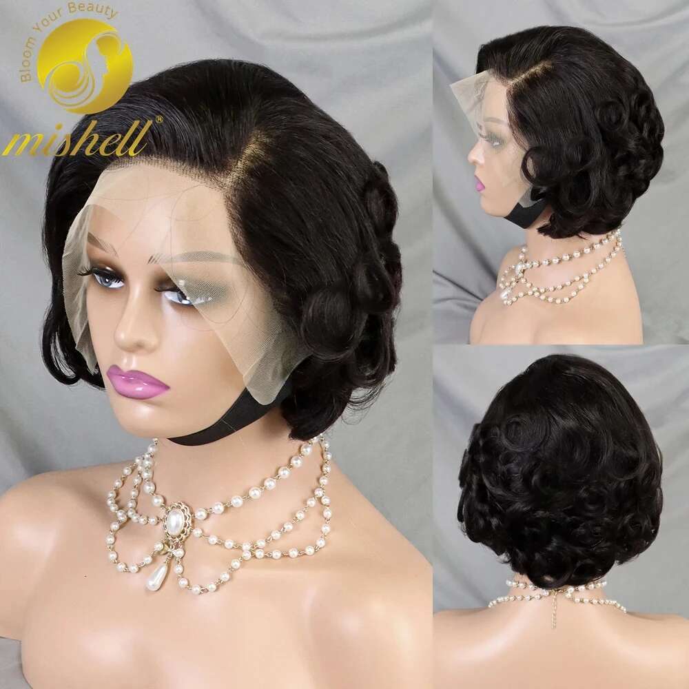 Natural Bouncy Curly Human Hair Wigs Short E Cut Bob 13X4 Transparent Full Lace Frontal Wig For Black Women Preplucked