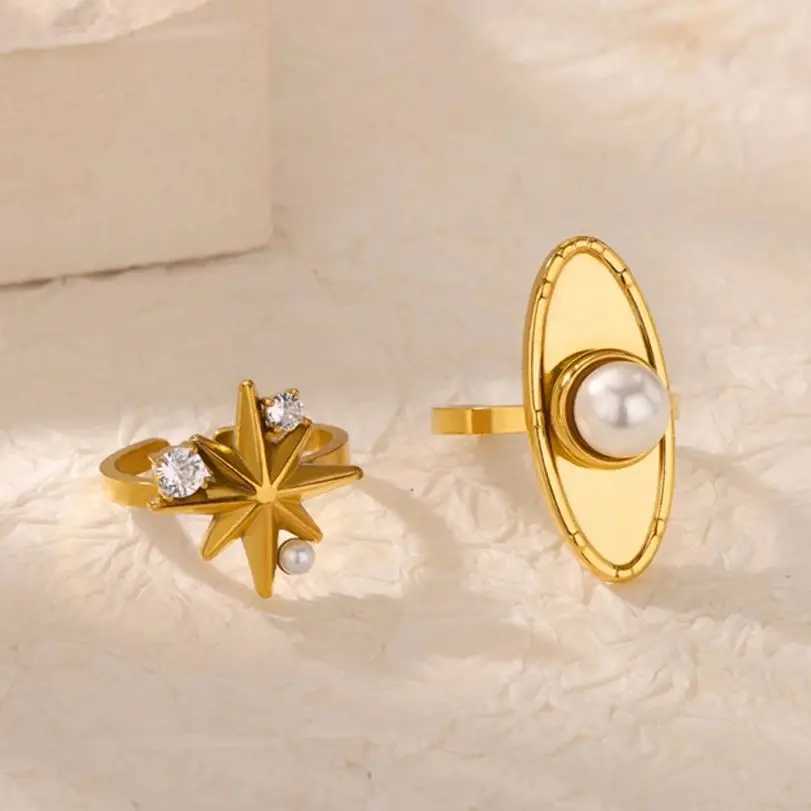 Elegant Zircon Pearl Stainl Steel Gold Plated Ring for Women Open Adjustable Star Geometry Jewelry Accory Tren 2025 NewXJ250110