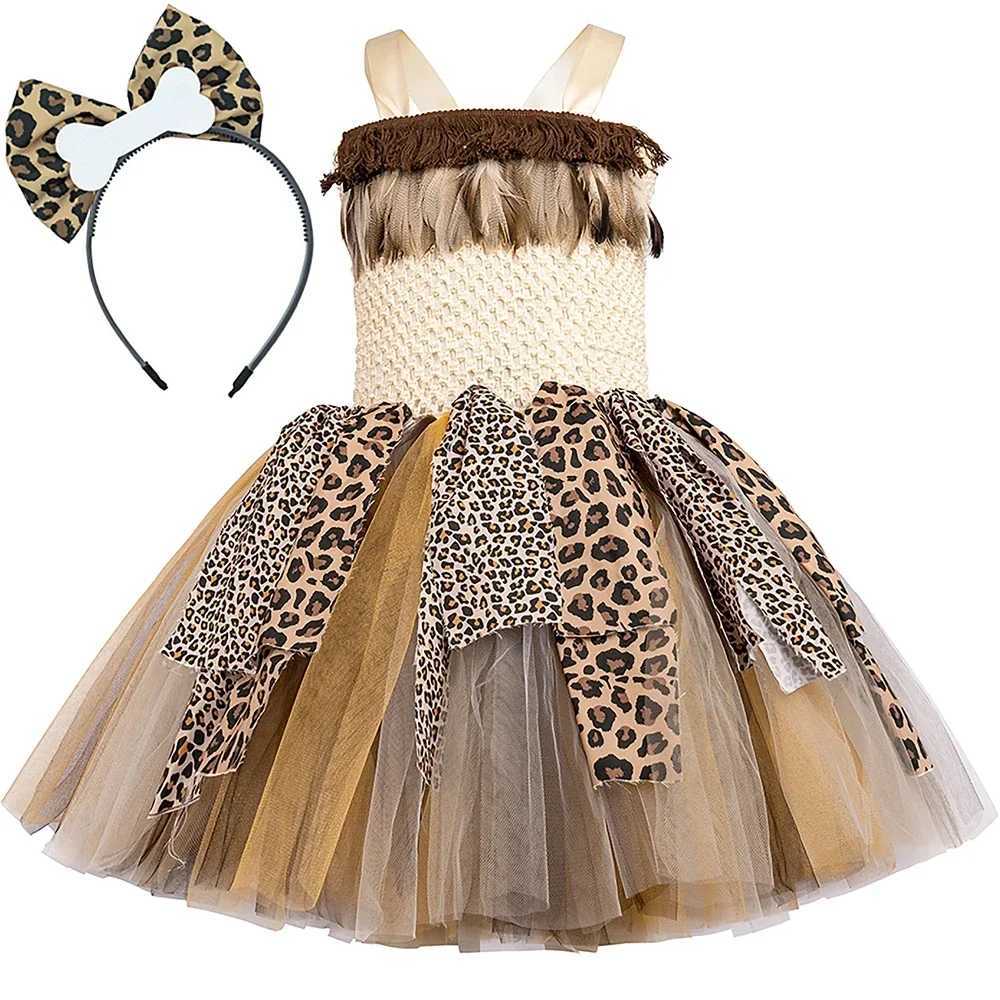 Savage Primitive Caveman Tutu Girl Dress Leopard Indian Indigenous Cave Girl Costume Childrens Halloween Carnival Par Costume W250111
