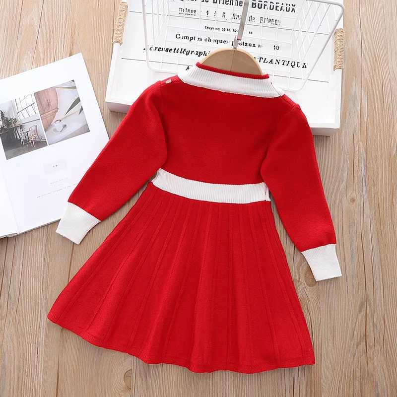2025 Childrens Girls Spring and Autumn Dress Exquisite Pearl Round Neck Childrens Girls Frog Color Comparison Knitted Childrens Girls Dress W250111