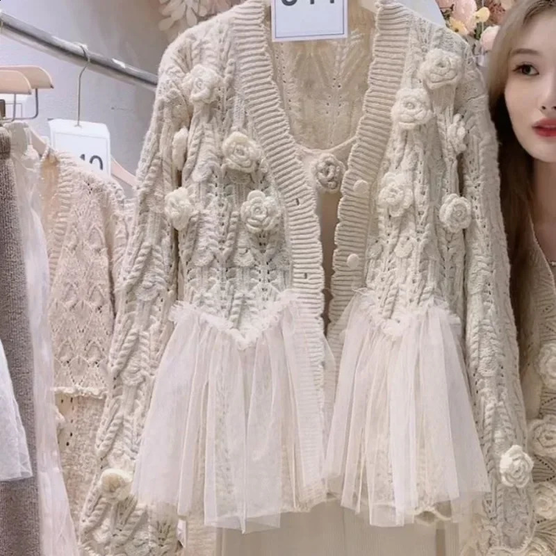 3D Flowers Crocheted Mesh Ruffles Stitching Sweater Coat Gauze Ruched Spliced Hooked Knitted Cardigan KnitwearCamis 2pcs Women 250106
