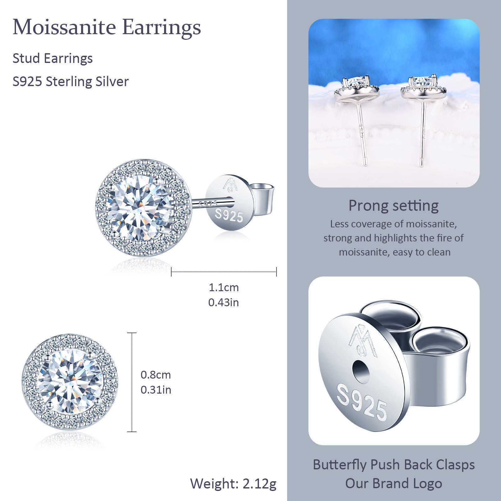 Fine stud earrings 925 sterling silver ladies moissanite earing for women