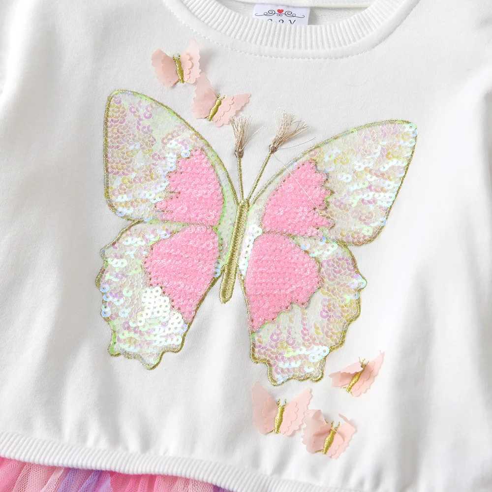 DXTON autumn sweater girl dress chiffon ruffled princess dress butterfly sequin patch work childrens dress childrens thick clothes W250111