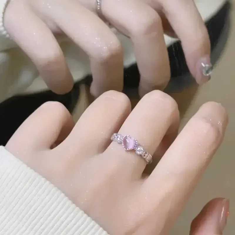 Popular Pink Cat Eye Stone Love Ring Ins Girl Cute Finger Ring Kpop Gothic Shining Zircon Open Adjustable Ring Jewelry W250111