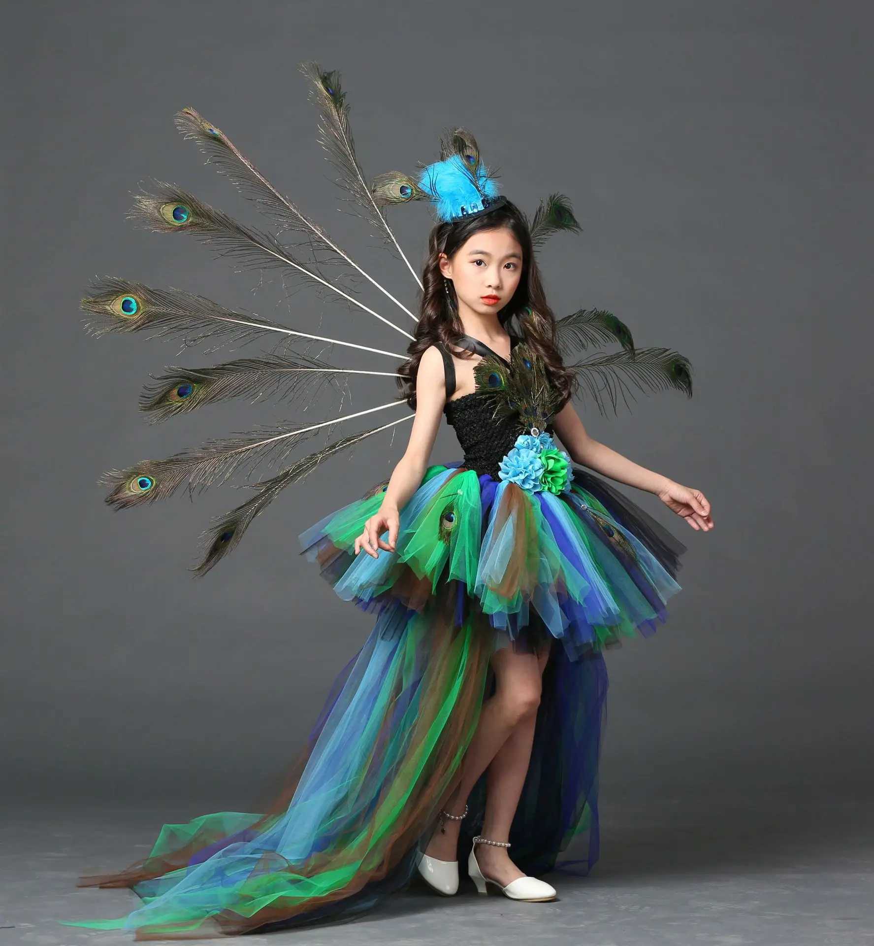 POSH DREAM Girl Peacock Flower Par Tutu Halloween Dress with Train Tulle Peacock Princess Childrens Par Evening Dress W250111