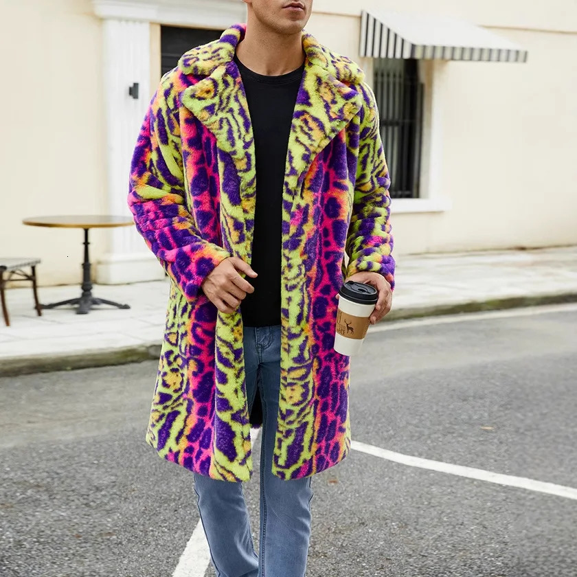 2025 Men Leopard Print Winter Jacket Cardigan Coat Warm Parkas Outwear Thick Faux Fur Plush Fleece Coats Multicolor Overcoat 250107