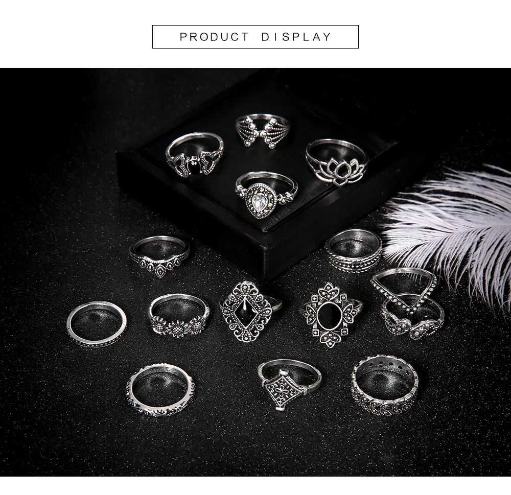 DIEZI 15 Pcs/set Bohemian Retro Crystal Flower Leaves Hollow Lotus Gem Silver Color Ring Set Women Wedding Anniversary GiftXJ250110