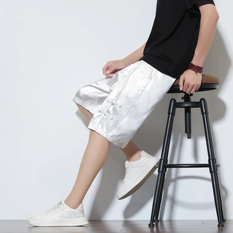 2024 Chinese Style Mens Solid Color Shorts Lightweight Dragon Pattern Beach Men Jogging Sport Black Homme 250103