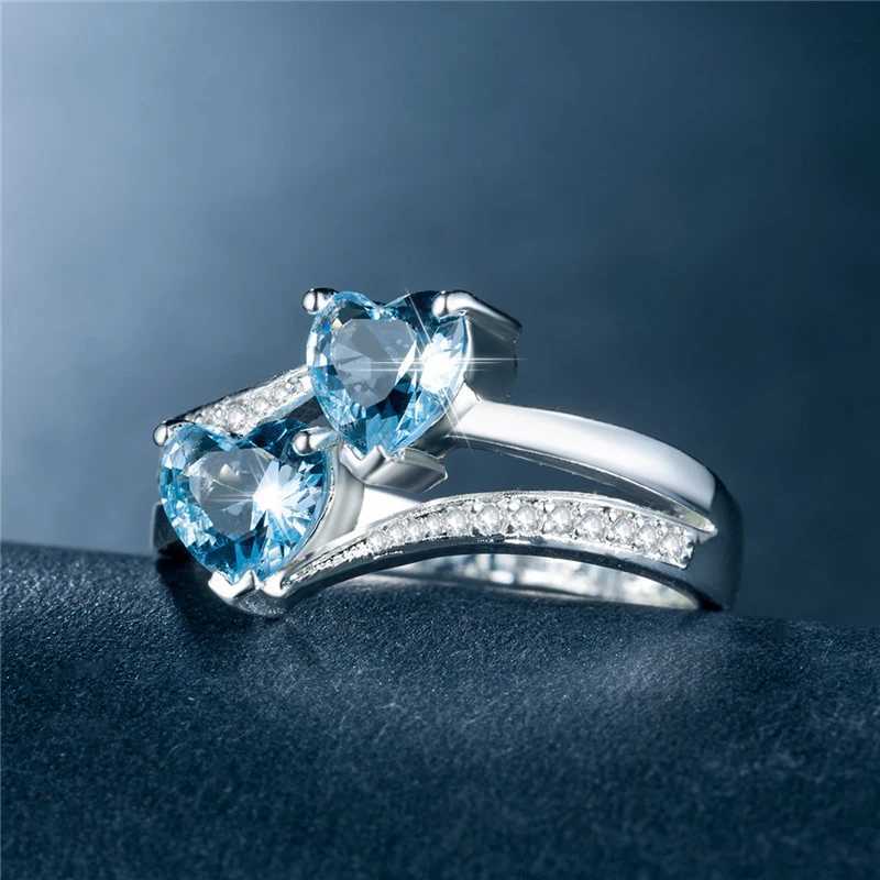New fashion womens silver plated double heart-shaped cubic zirconia wedding ringXJ250412