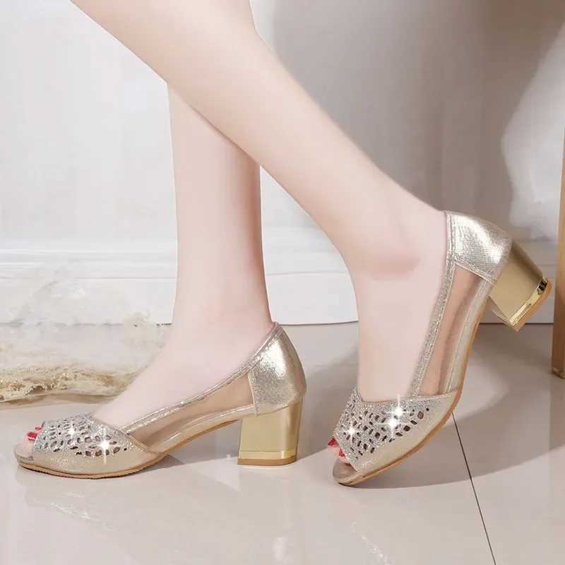 New Arrival Summer Womens Pumps Bling Open Toe High Heels Hollow Womens Sandals Dress Shoes Office Square Heel Mujer Womens Shoes T250110