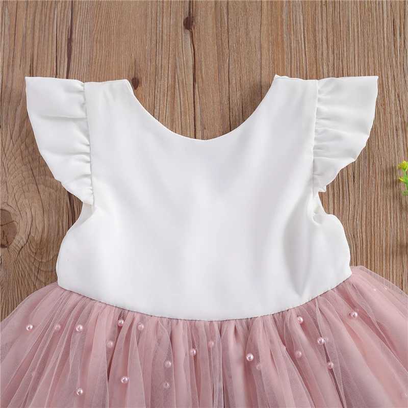 0-5Y Summer Princess Baby Dress Ruffle Sleeves Solid Pearl Lace Patchwork Back Bow Knot Tutu Dress W250111