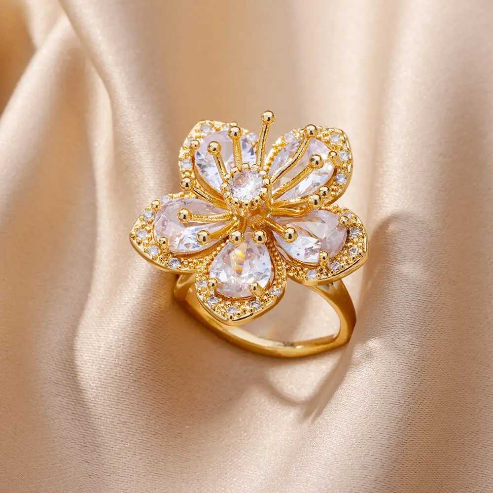 Pink Zircon Flower Rings for Women Gold Color Stainl Steel Ring 2024 Trend Elegant Floral Luxury Aesthetic Jewelry anillosXJ250110