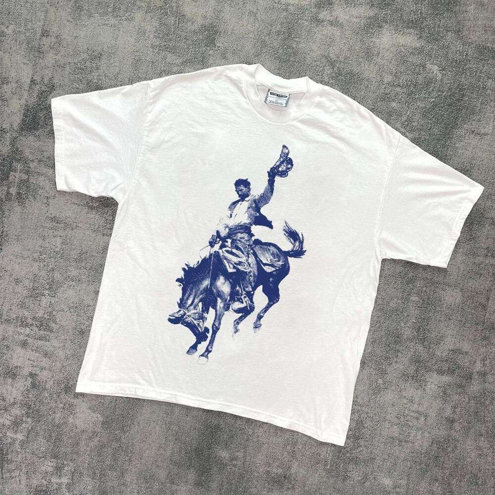 Summer small neckline American vintage hand-painted printed short T-shirt, street trend versatile, genderless half sleeved