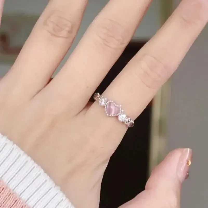 Popular Pink Cat Eye Stone Love Ring Ins Girl Cute Finger Ring Kpop Gothic Shining Zircon Open Adjustable Ring Jewelry W250111