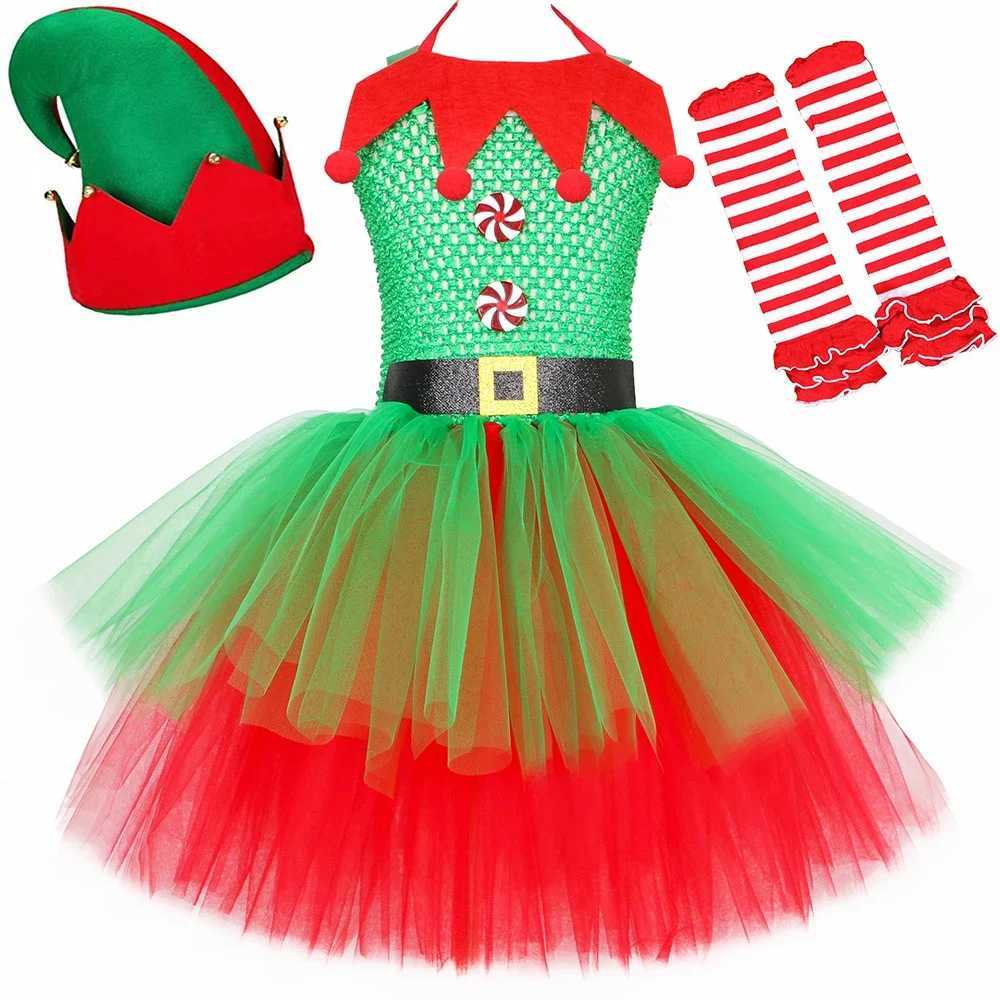 Girls Christmas elf costume childrens fancy Christmas costume set green and red childrens Christmas Par grid chiffon Tutu dress W250111