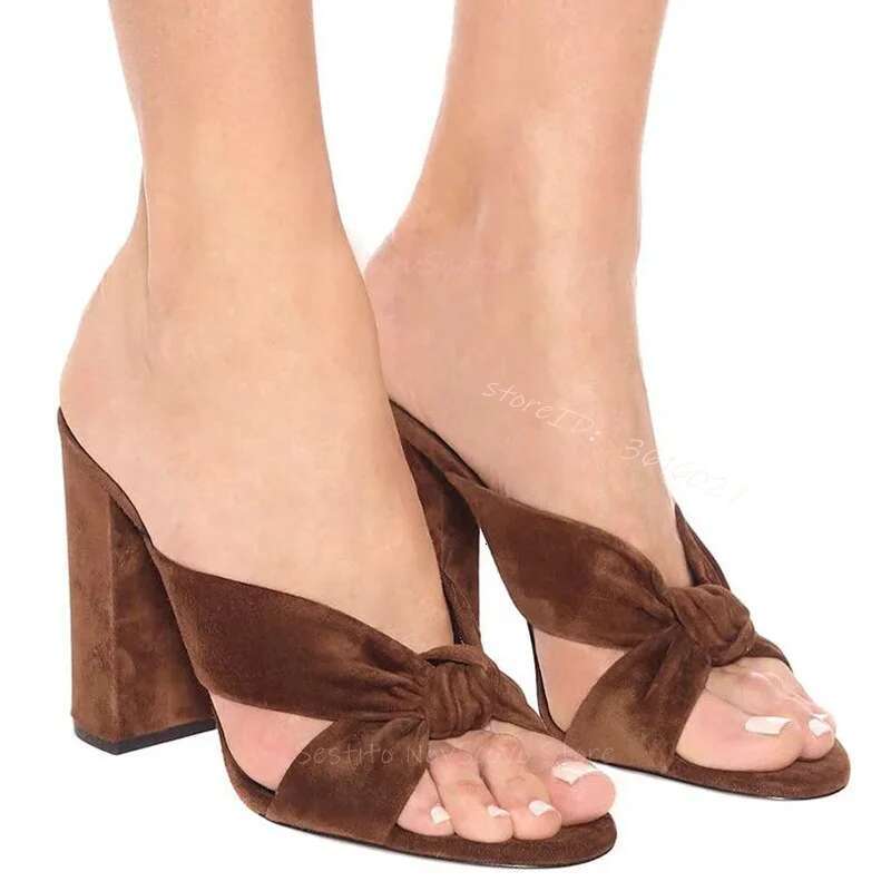 Classic Open Toe Mules Cross Twist Straps Block High Heels Slip On Slippers Hollow Sexy Ladies Summer Suede Casual Sandals
