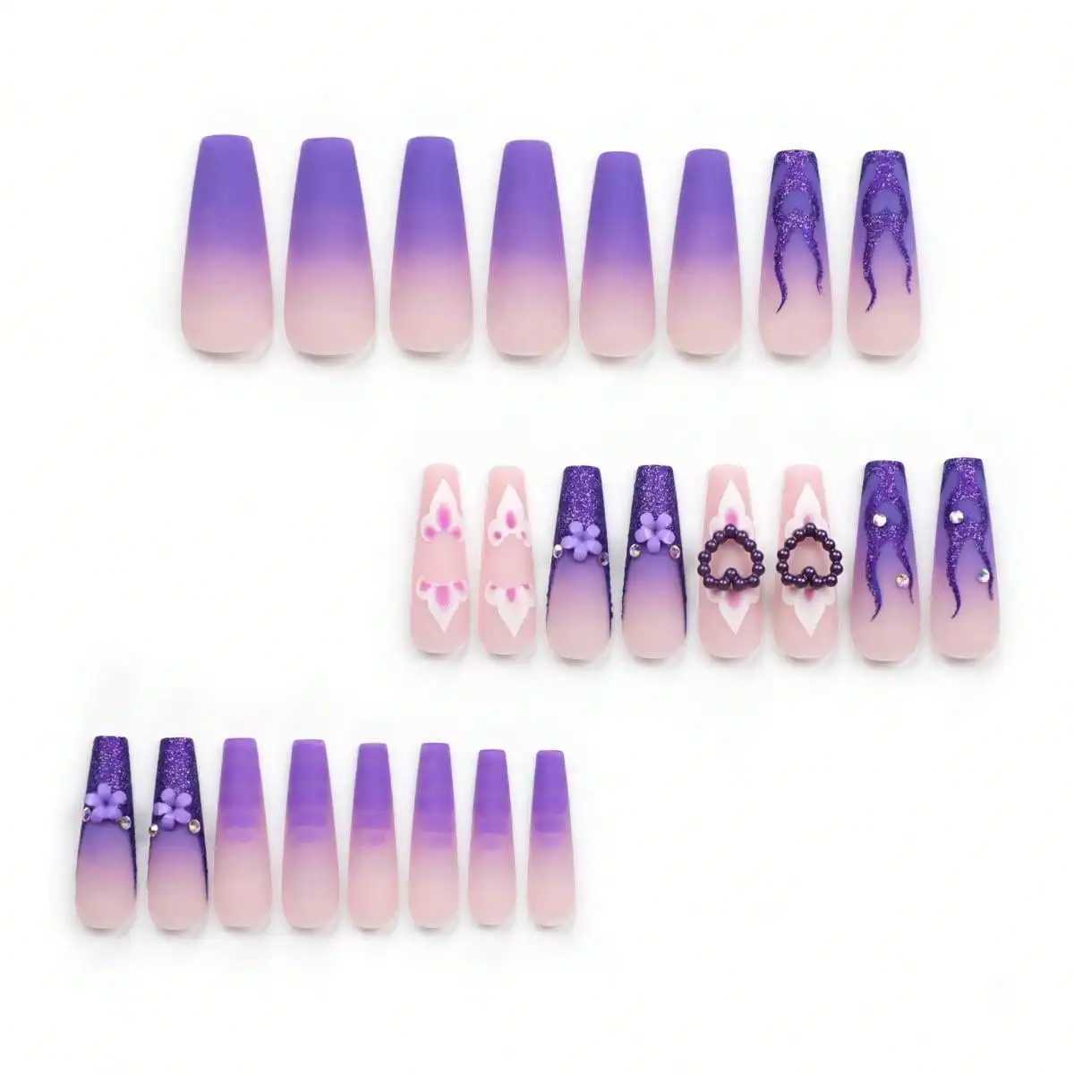 Black Friday y2k 24pcs hand-worn nail coffin A French wear nail piece purple pink flower super long diamond three-dimensional naXJ250110