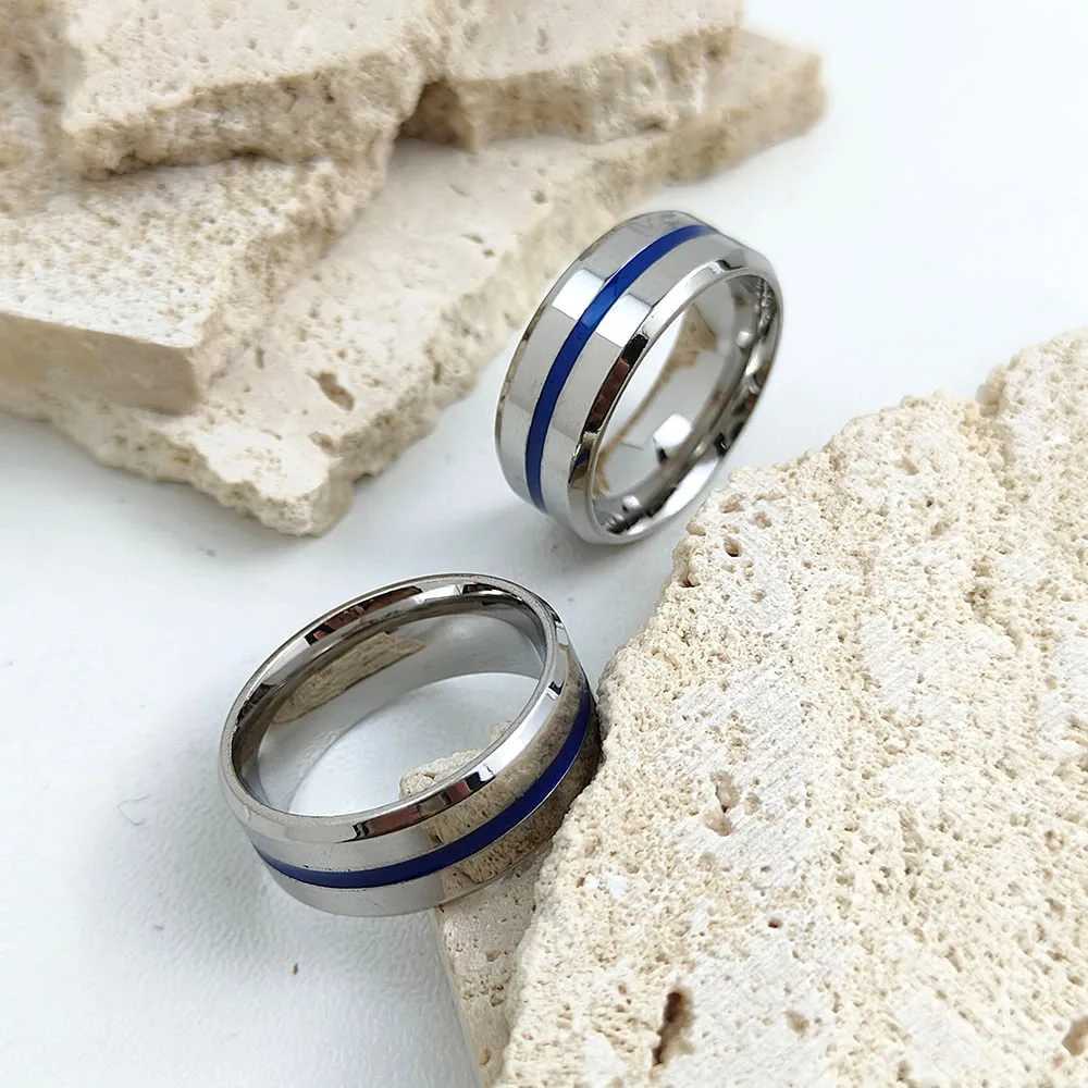 Stylish and charming stainl steel gold-plated mens ring simple blue stripe womens ring wedding party jewelryXJ250110