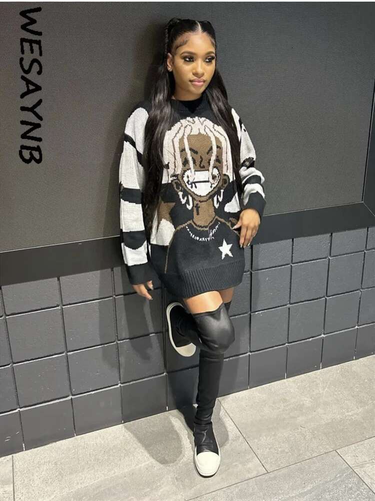 Wholesale Winter Sweaters For Women Y2k Clothes Top Long Sleeve Graphics Tees Knitting Black O-Neck Pullovers New In Knitwears