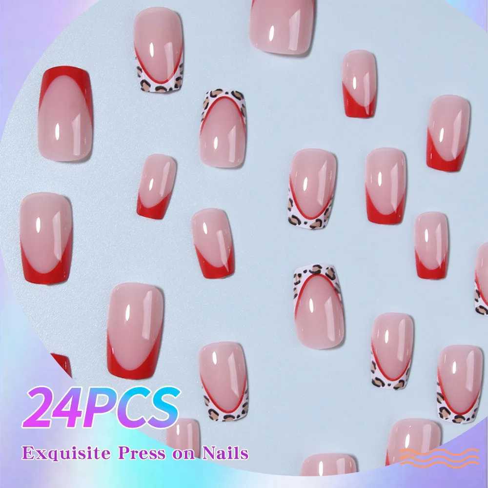 24pcs short square fake nails sexy leopard print red edge French bright design fake nails full cover fake nails white detachaXJ250110