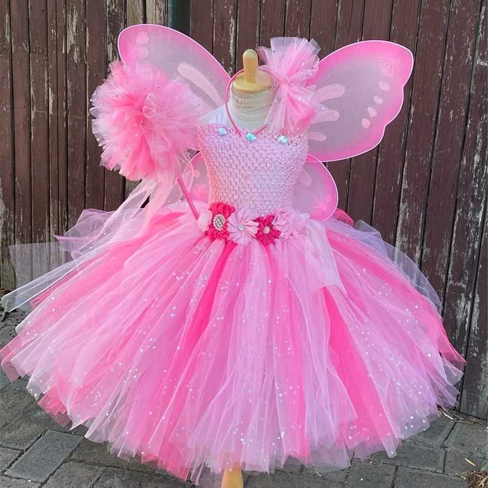 Girl Pink Flower Fairy Dress Children Flash Tutu Dress Butterfly Wings and Clockwork Set Children Role Playing Par Clothing W250111