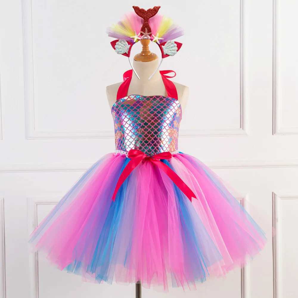 Child girl role-playing Par dress up princess dress up mermaid chiffon Tutu dress theme birthday Par costume with floral headband W250111