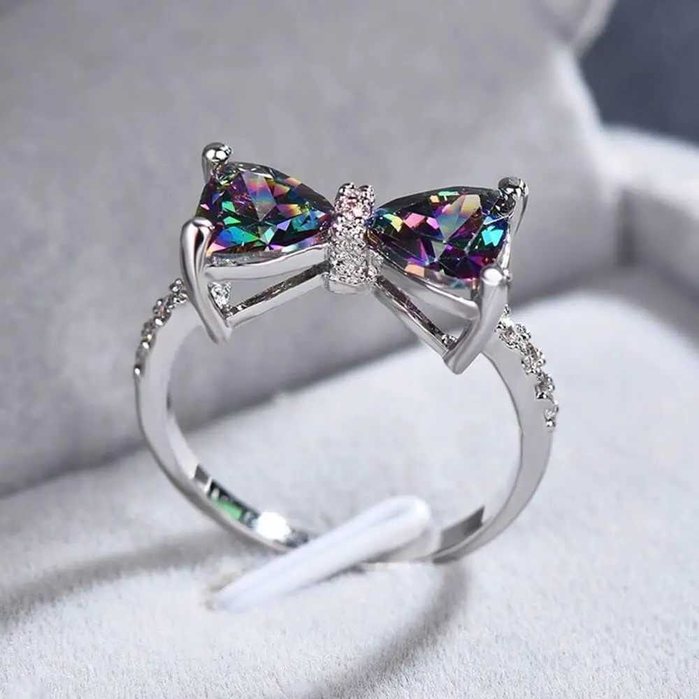 Korean style womens simple pink bow rhinestone ring with adjustable zircon opening ring charming ring fashionable jewelry for girls W250111