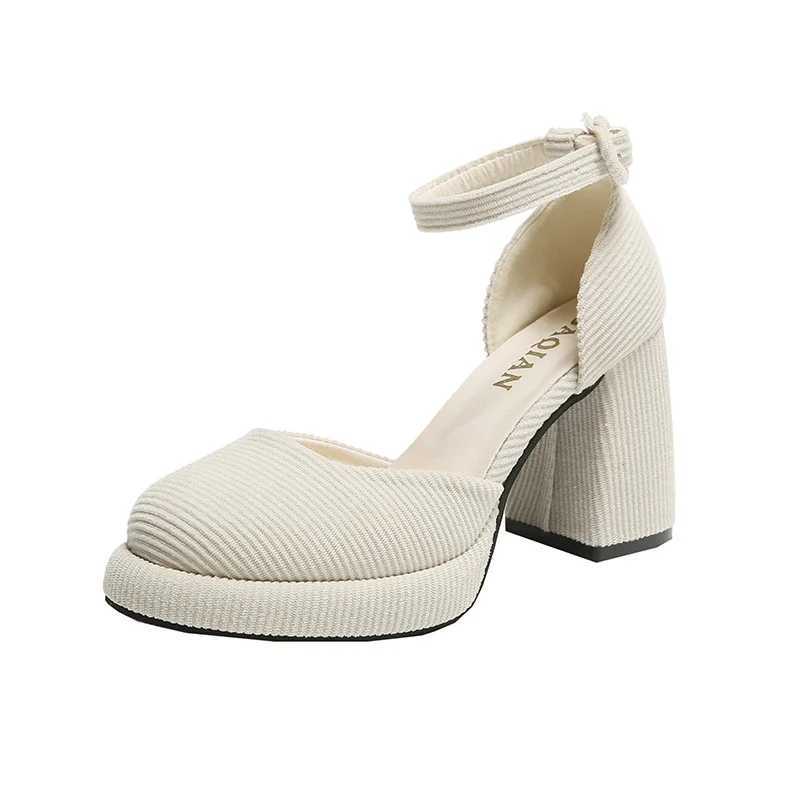New Arrival Green High Heels Pump Womens Autumn Ankle Shoulder Strap Short Fat Platform Mary Jane Shoes Womens Corduroy Thick High Heels Party Shoes T