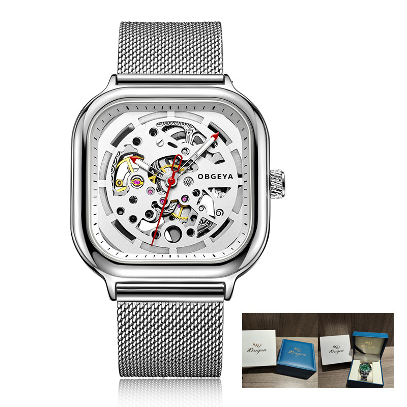 Men's Fashionable Waterproof Skeleton Automatic Mechanical Watch with Square Large Dial