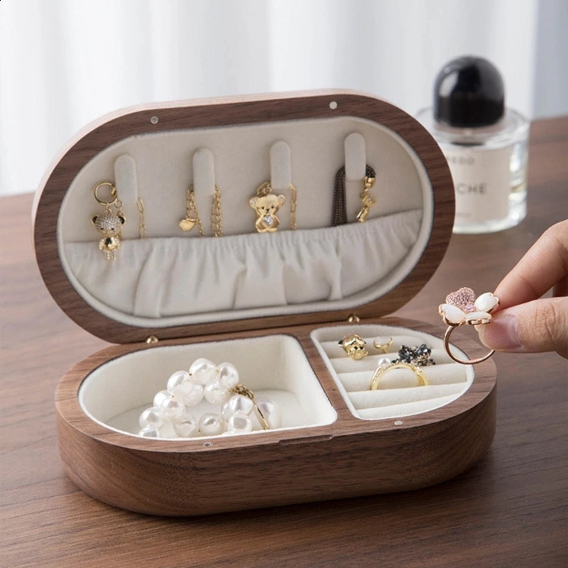 Wooden Jewelry Box Delicate Walnut Jewelry Box Holder For Rings Earrings Necklace Storage Boxes For Girls Women Drop 250106