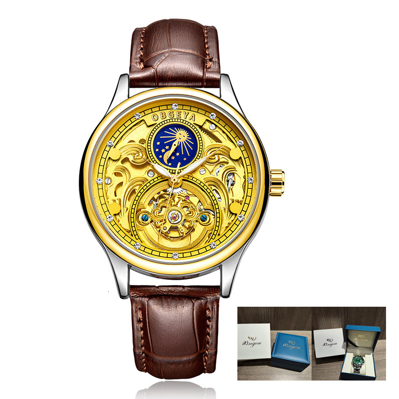 Luxury Skeleton Moon Phase Tourbillon Automatic Mechanical Watch for Men with Waterproof Leather Strap