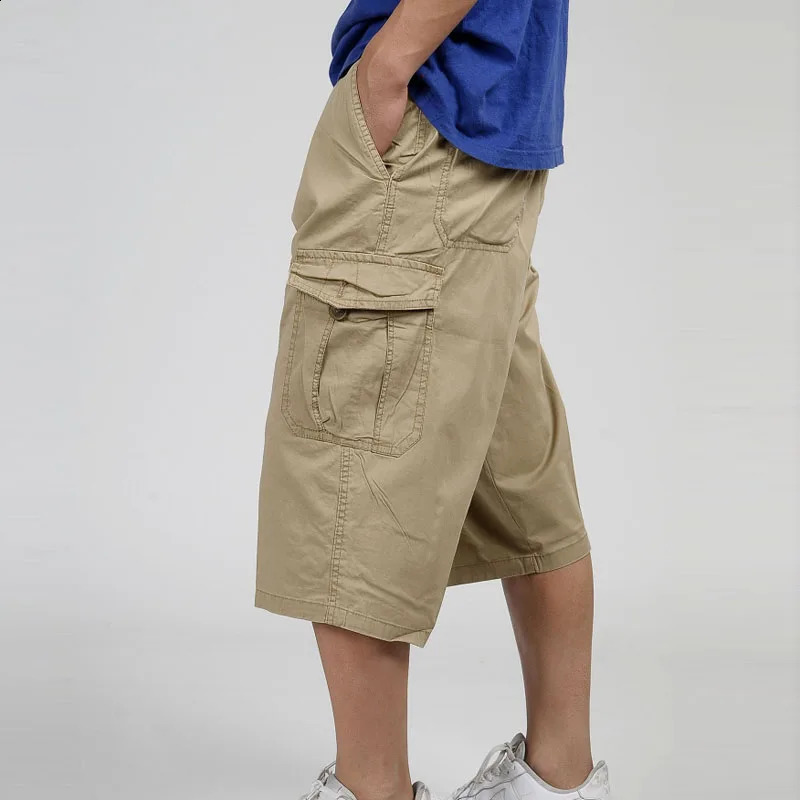 2023 Men Summer MultiPocket Baggy Cargo Cotton Calf Length Pants Casual Trouser Male Large Solid Color Shorts Plus Size Xl6Xl 250103